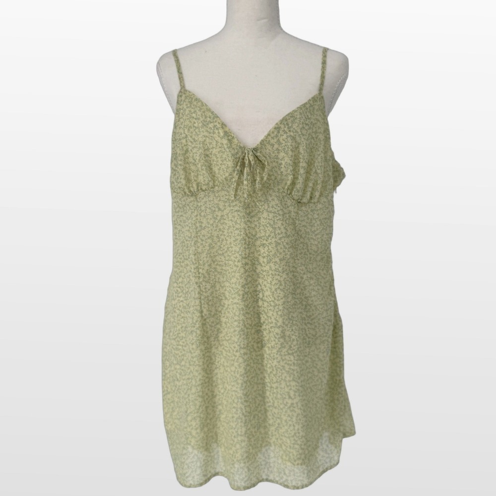 HM Mini Dress L Green Floral Chiffon Cottagecore Fairycore Summer Sun‎ Dress Y2K